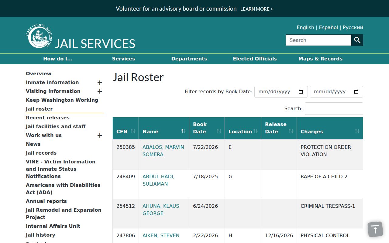 Salmon Creek public records in the Clark County jail roster