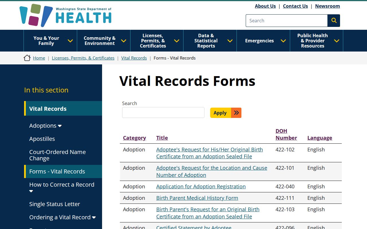 Salmon Creek public records forms for Washington vital records